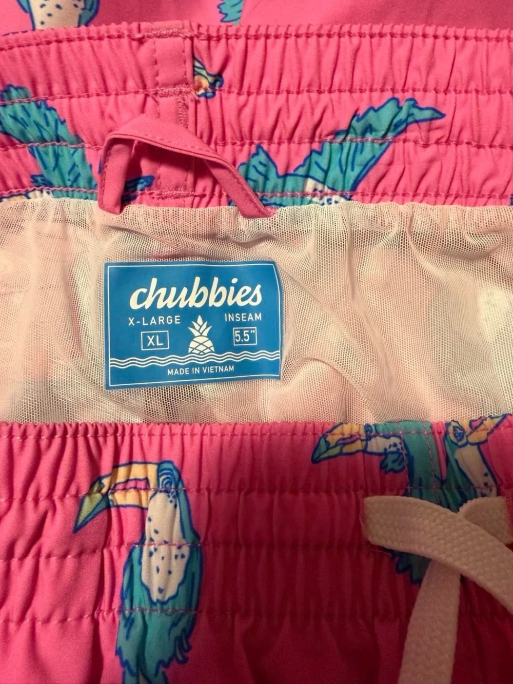 chubbies Pink Swim Trunks with Blue Toucan Print
